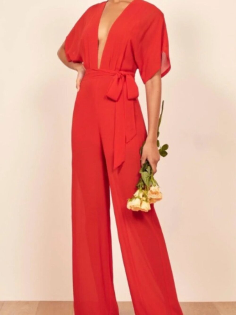 Reformation Deep V Semi Sheer Short Sleeve Jumpsuit in Red Size 2